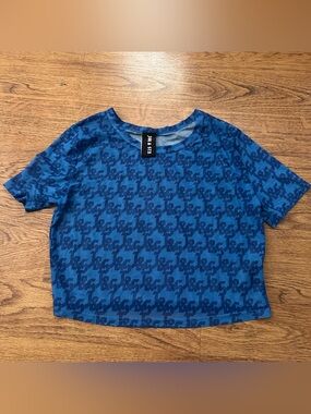 JGR & STN Blue Patterned mesh sheer Short Sleeve Top size 12 cropped boxy